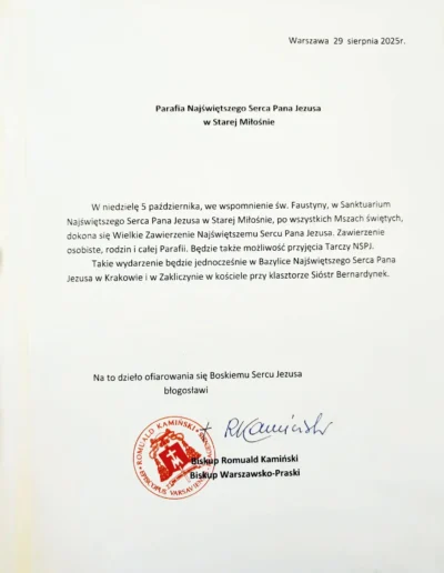 Dekret biskupa dotyczący Wielkiego Zawierzenia Najświętszemu Sercu Pana Jezusa