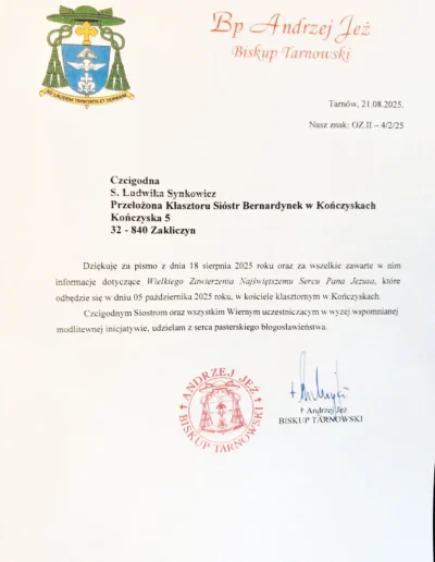 List biskupa tarnowskiego w sprawie Wielkiego Zawierzenia Najświętszemu Sercu Pana Jezusa