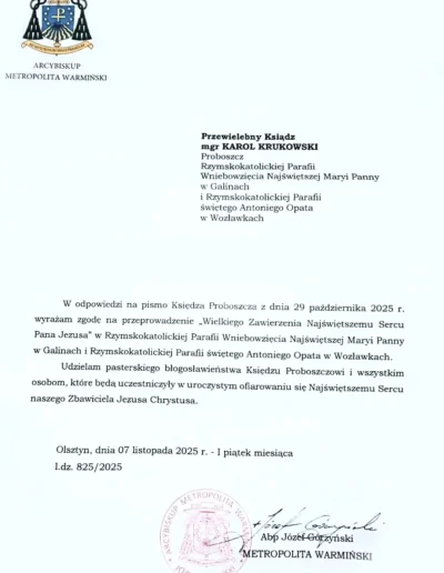 Zgoda arcybiskupa warmińskiego na przeprowadzenie Wielkiego Zawierzenia w parafiach